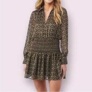 Ever After Ikat Geometric Boho Long Sleeve Fit Flare Mini Dress Black Gold Sz M